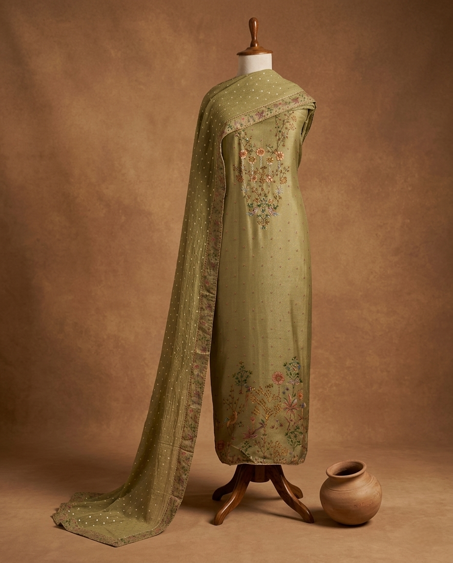 GULZAR HERITAGE MUL CHANDERI GREEN 3 PC SUIT FABRIC