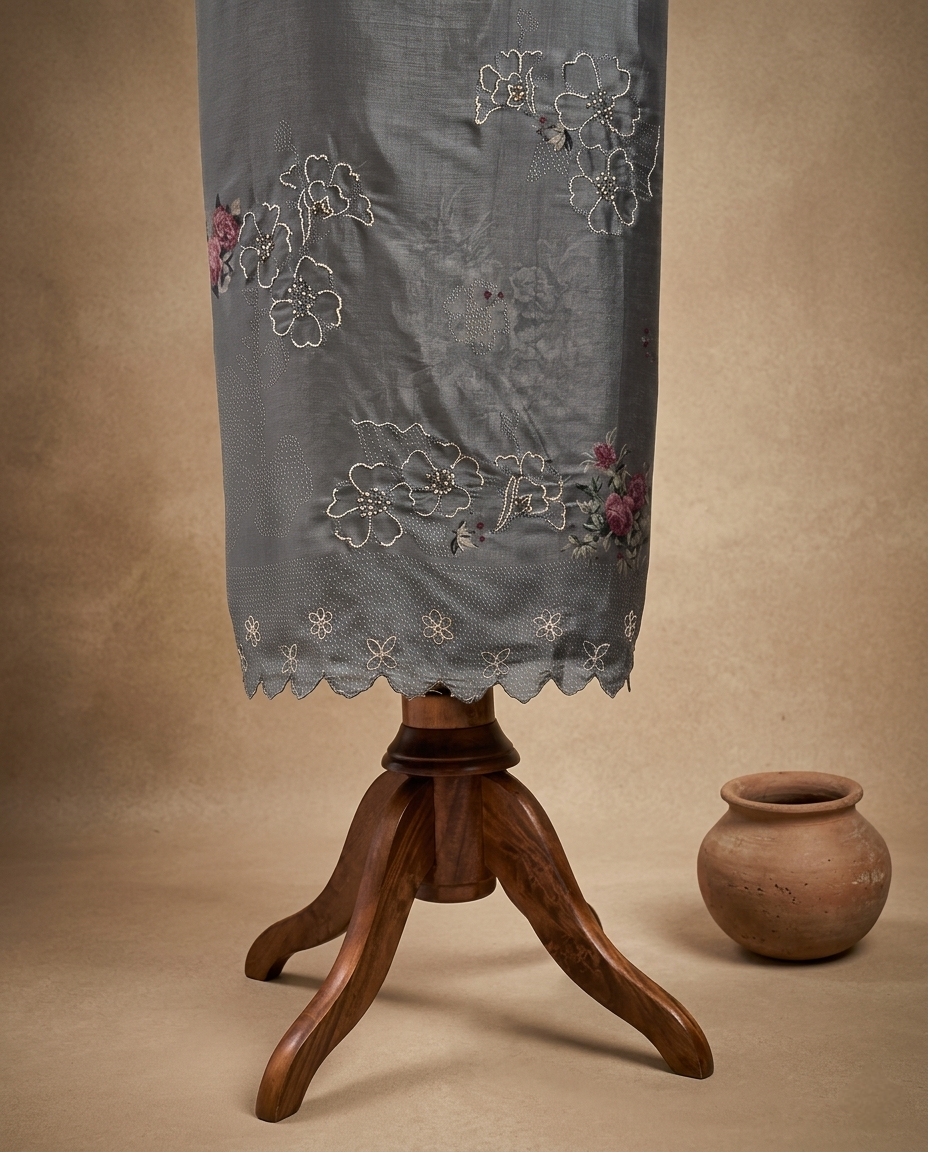 DUSKY GRACE MUL CHANDERI GREY 3 PC SUIT FABRIC