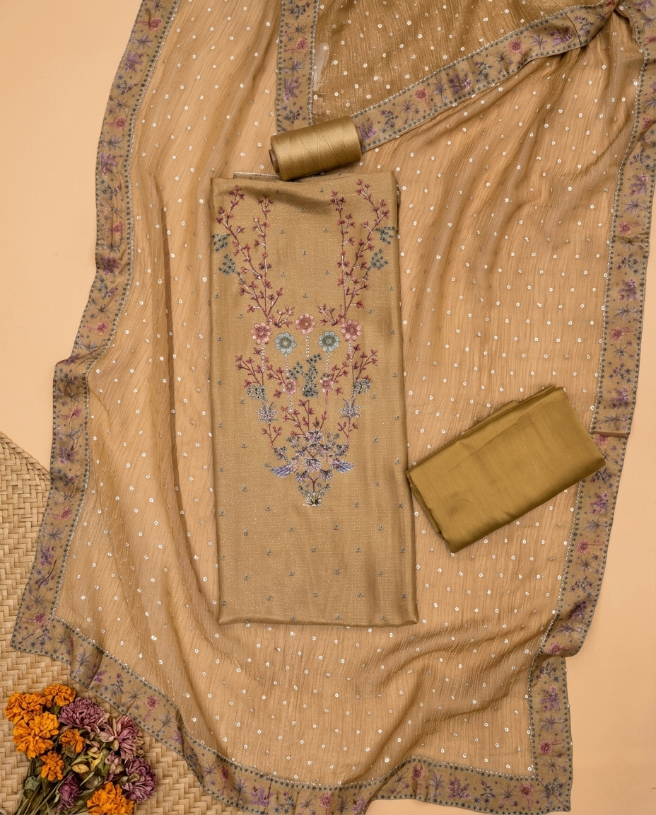 GULZAR HERITAGE MUL CHANDERI MUSTARD YELLOW  3 PC SUIT FABRIC