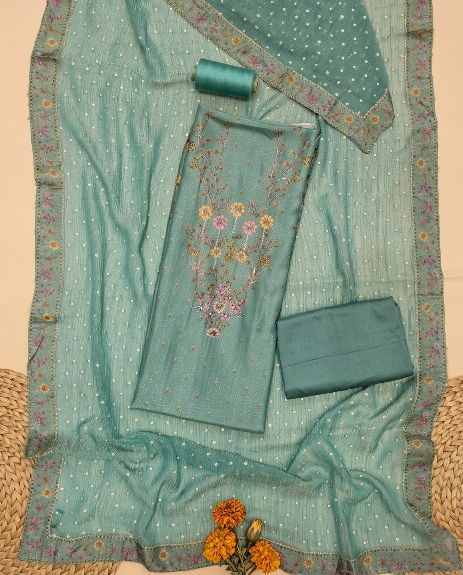 GULZAR HERITAGE MUL CHANDERI TUQOUISE GREEN 3 PC SUIT FABRIC