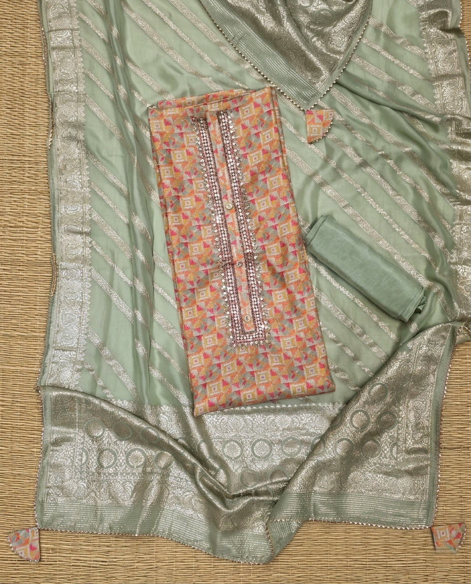 CLASSIC SOFT SILK GREEN 3 PC SUIT FABRIC WITH BANARASI DUPPATA