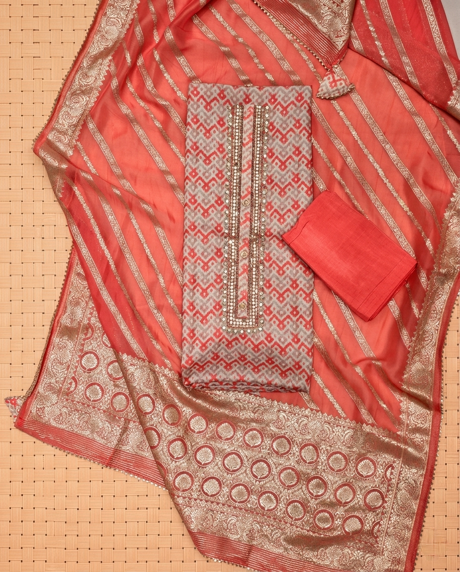 CLASSIC SOFT SILK PINK 3 PC SUIT FABRIC WITH BANARASI DUPPATA