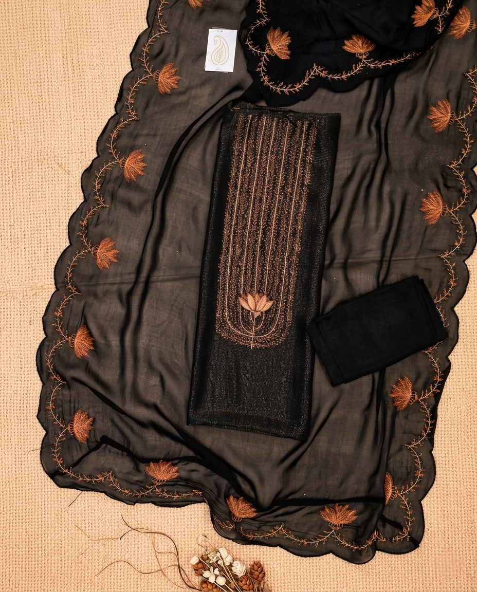 MEHR NOOR MUL CHANDERI BLACK 3 PC SUIT FABRIC