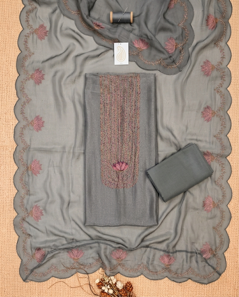 MEHR NOOR MUL CHANDERI GREY 3 PC SUIT FABRIC