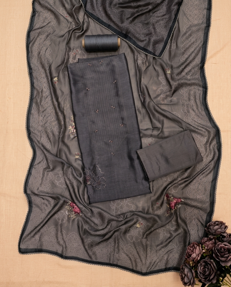 DUSKY GRACE MUL CHANDERI GREY 3 PC SUIT FABRIC