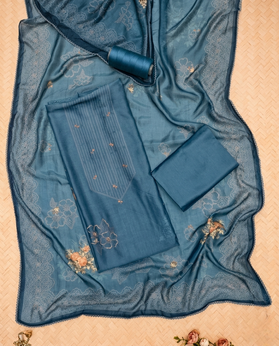 DUSKY GRACE MUL CHANDERI DUSTY BLUE  3 PC SUIT FABRIC