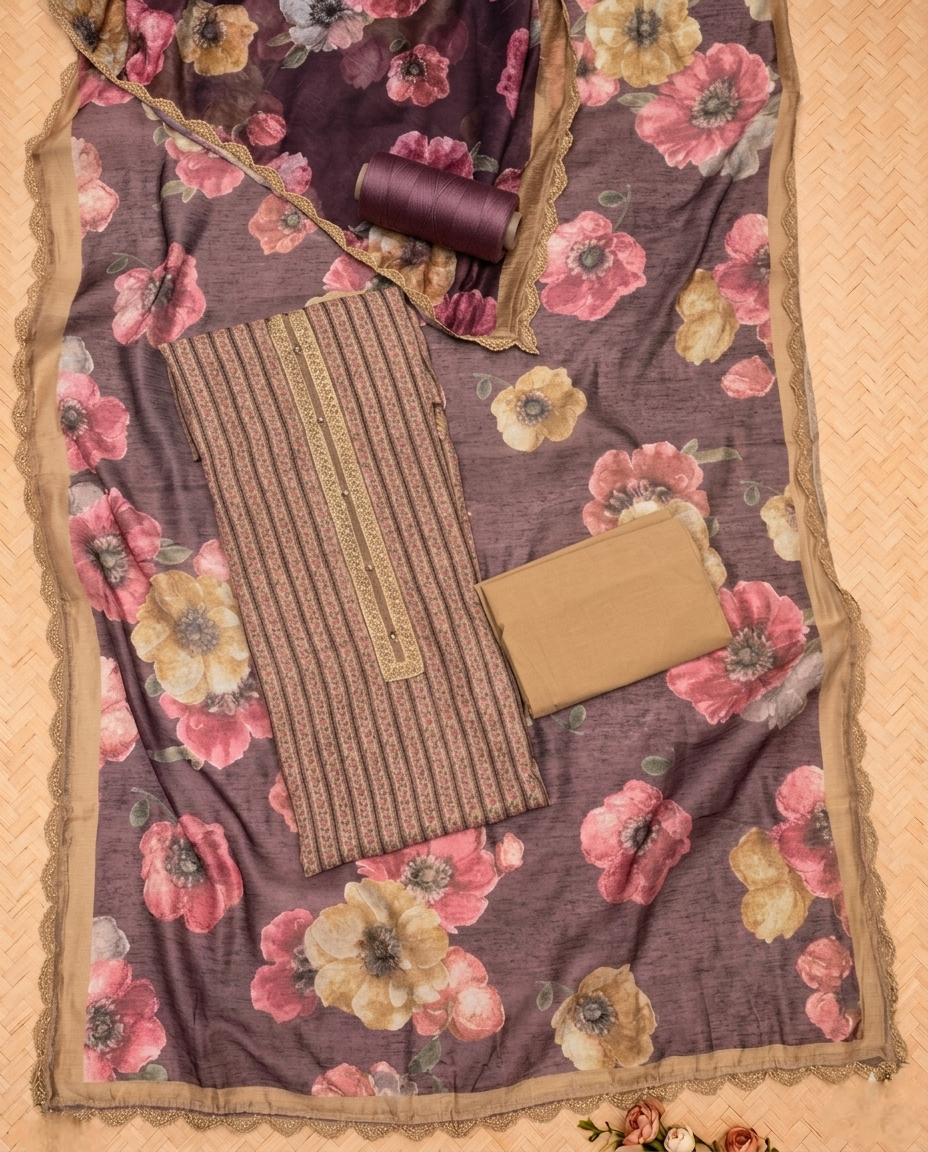 EARTHY BLOOM PURE LINEN BROWN 3 PC SUIT FABRIC