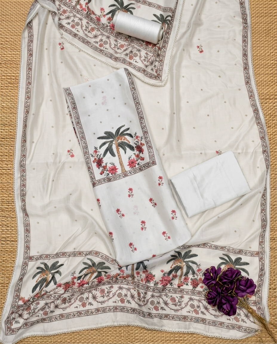 PALM GRACE MUL MUSLIN 3 PC CREAM WHITE SUIT FABRIC