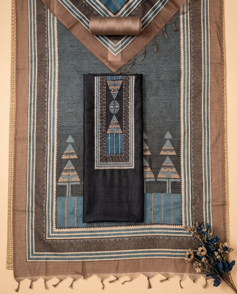 BLACK ETHNIC HANDLOOM SILK COTTON 3 PC SUIT FABRIC
