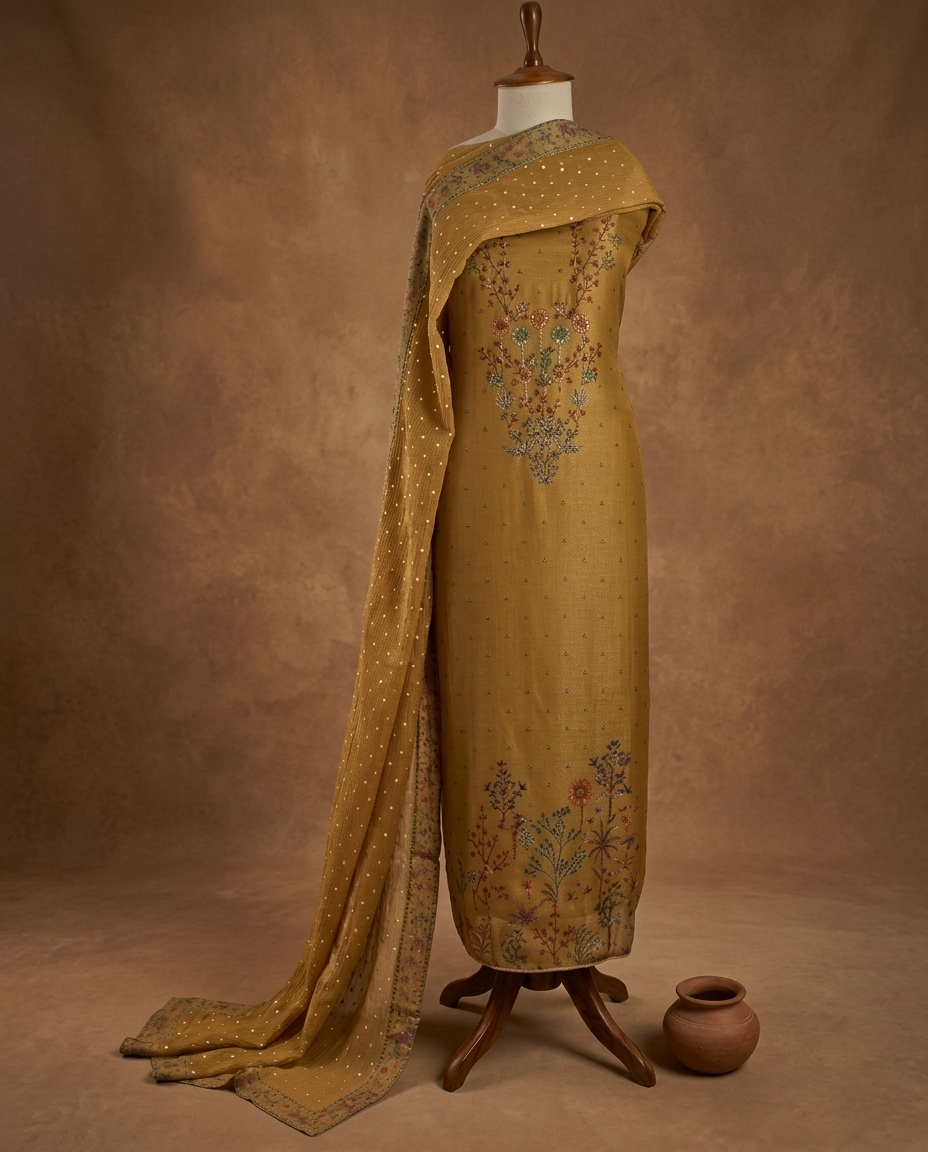 GULZAR HERITAGE MUL CHANDERI MUSTARD YELLOW  3 PC SUIT FABRIC