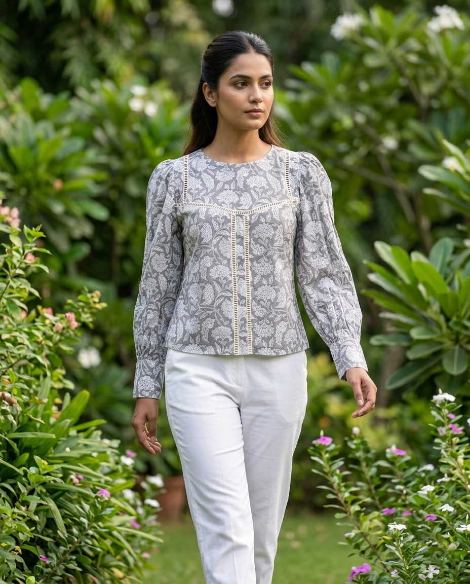 ROSE PUFF HAND BLOCK GREY COTTON TOP