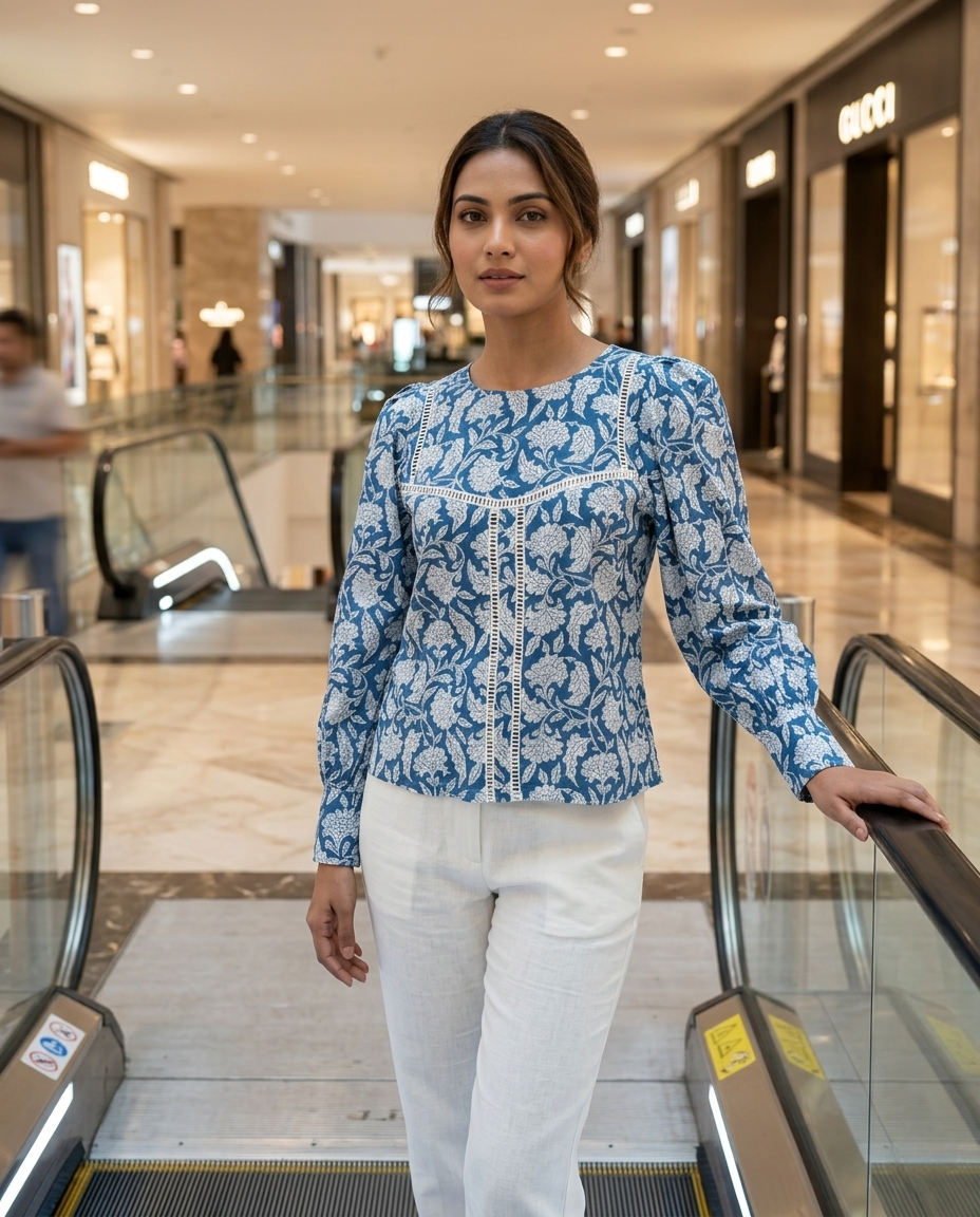 ROSE PUFF HAND BLOCK BLUE COTTON TOP