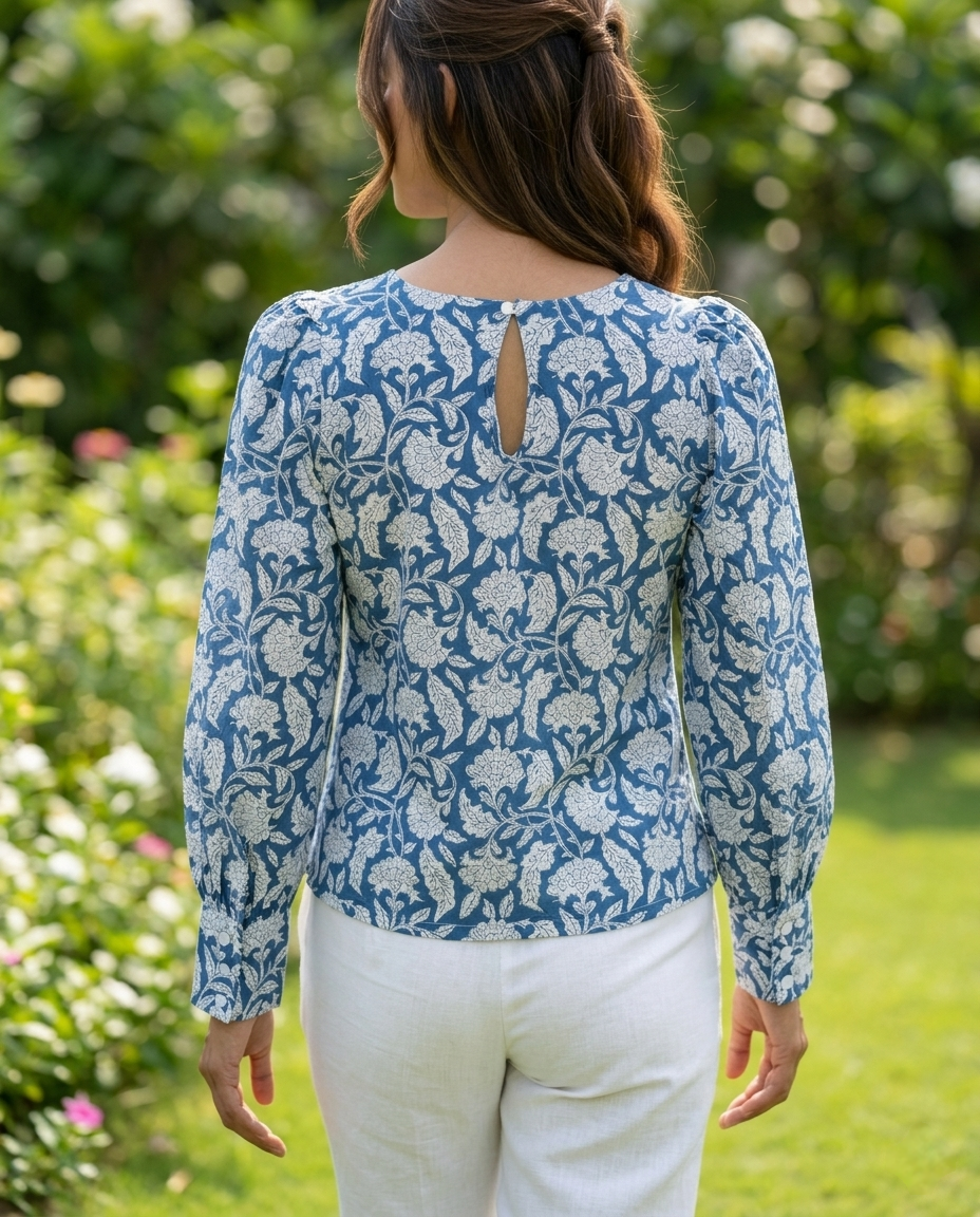ROSE PUFF HAND BLOCK BLUE COTTON TOP