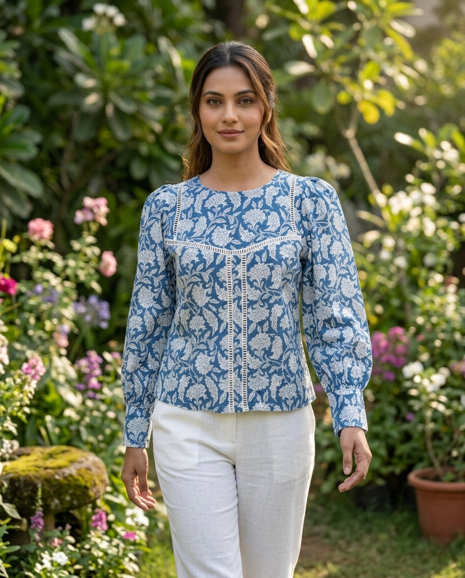 ROSE PUFF HAND BLOCK BLUE COTTON TOP