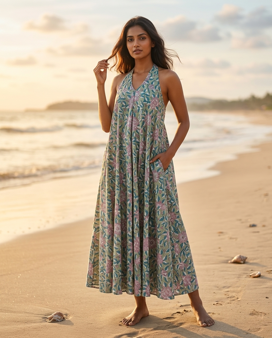 RUBY SHORE HALTER GREEN COTTON DRESS