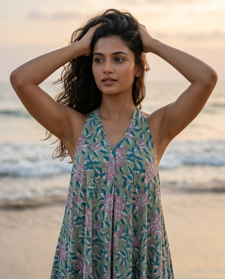 RUBY SHORE HALTER GREEN COTTON DRESS