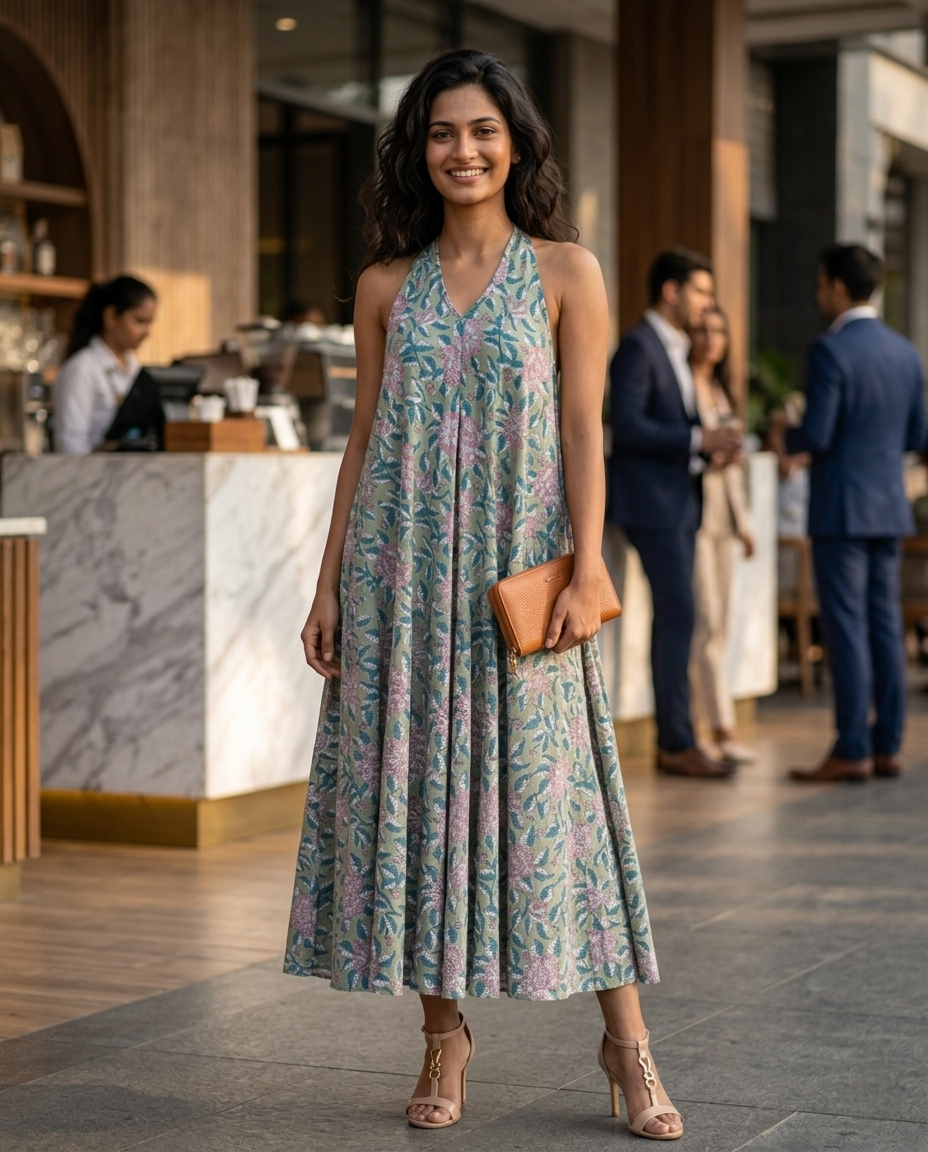 RUBY SHORE HALTER GREEN COTTON DRESS