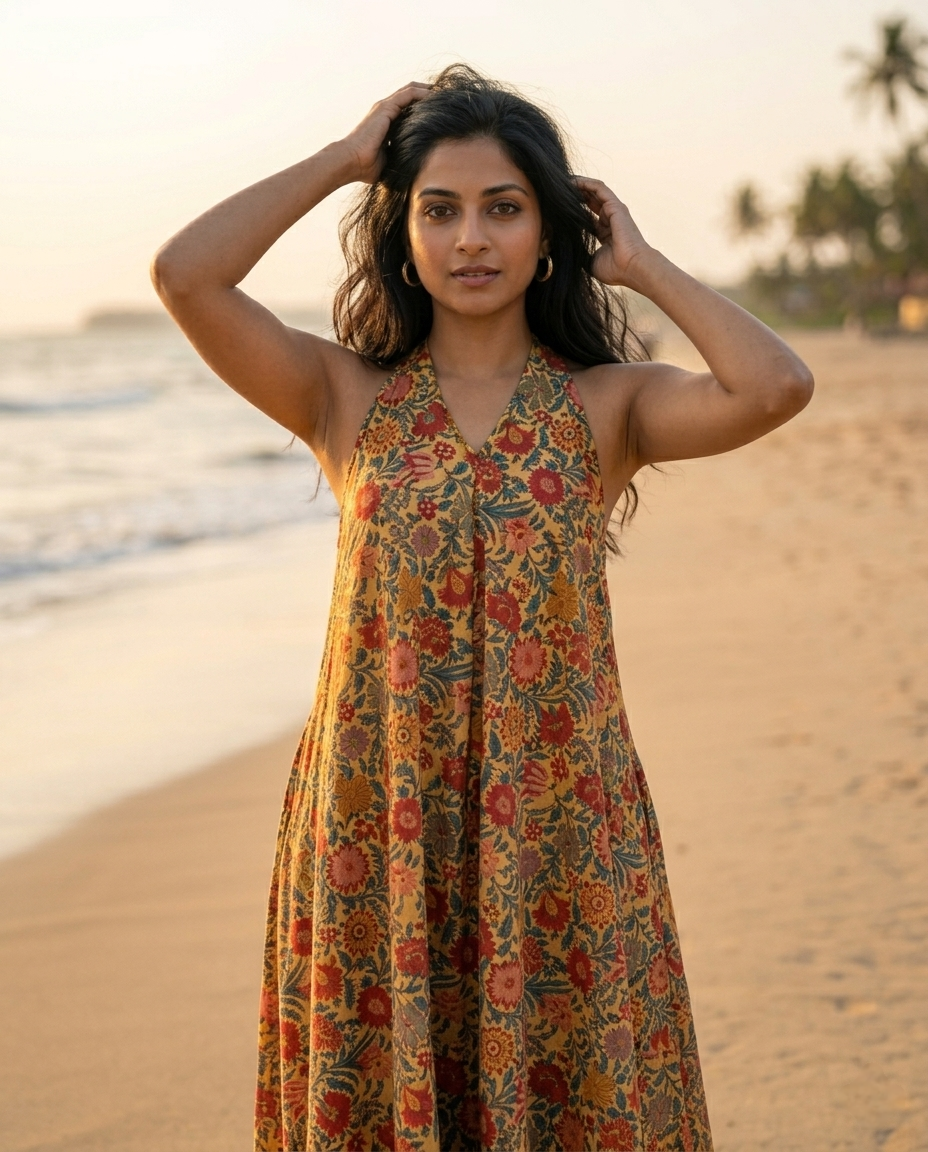 RUBY SHORE HALTER GOLDEN BROWN COTTON DRESS