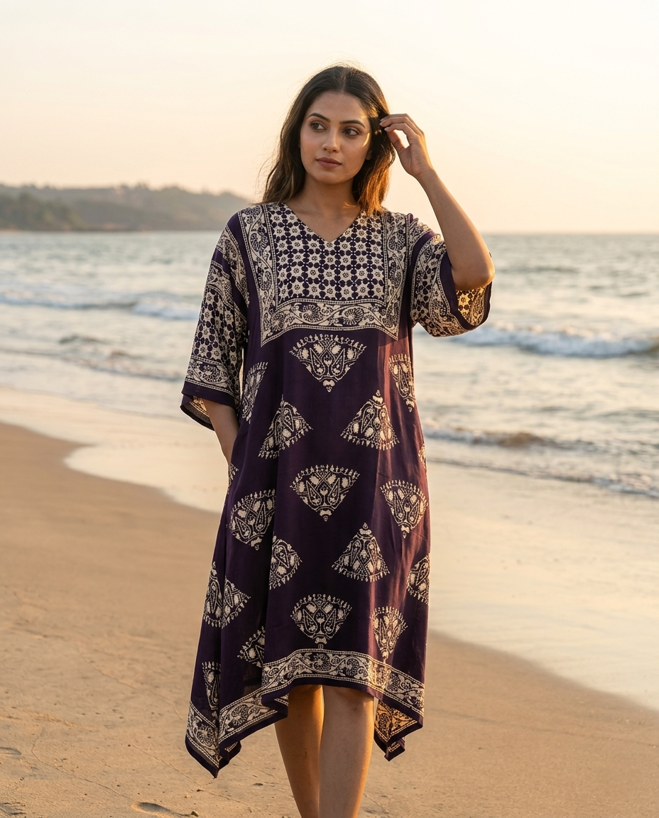 MOSAIC POINT MODAL SILK BLACK AJRAKH KURTA (HANDBLOCK)