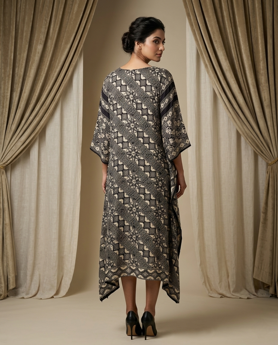 MOSAIC POINT MODAL SILK BLACK AJRAKH KURTA (HANDBLOCK)
