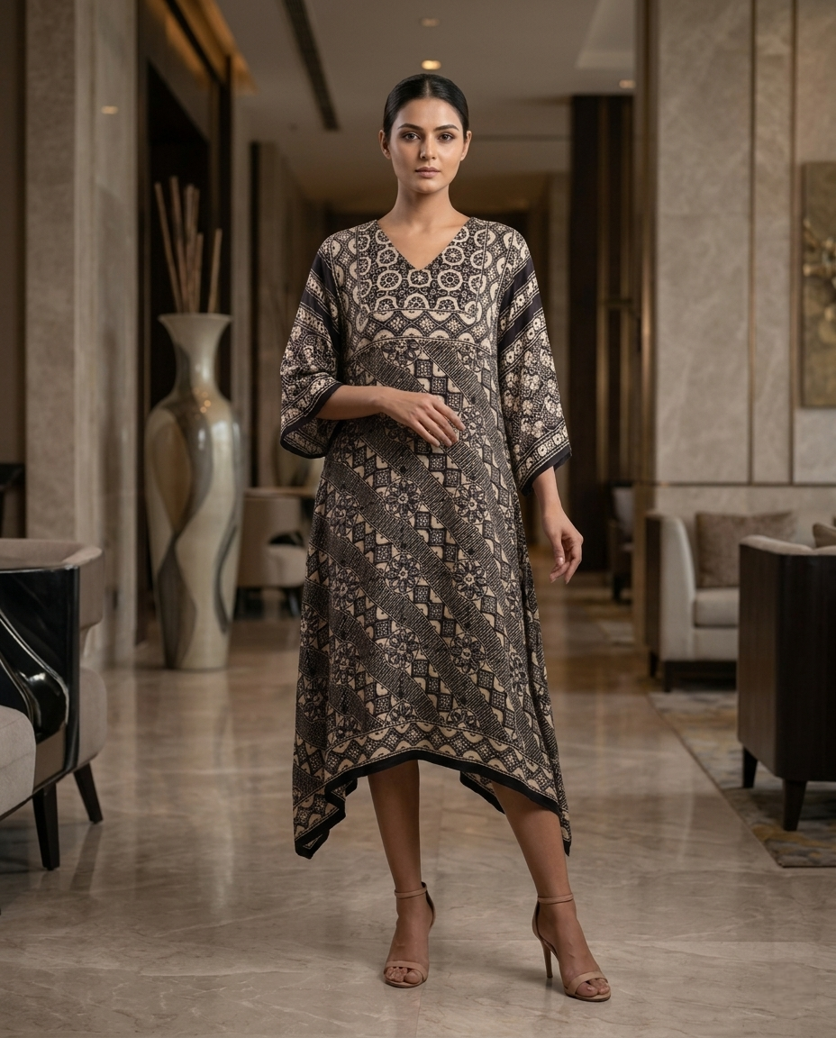MOSAIC POINT MODAL SILK BLACK AJRAKH KURTA (HANDBLOCK)