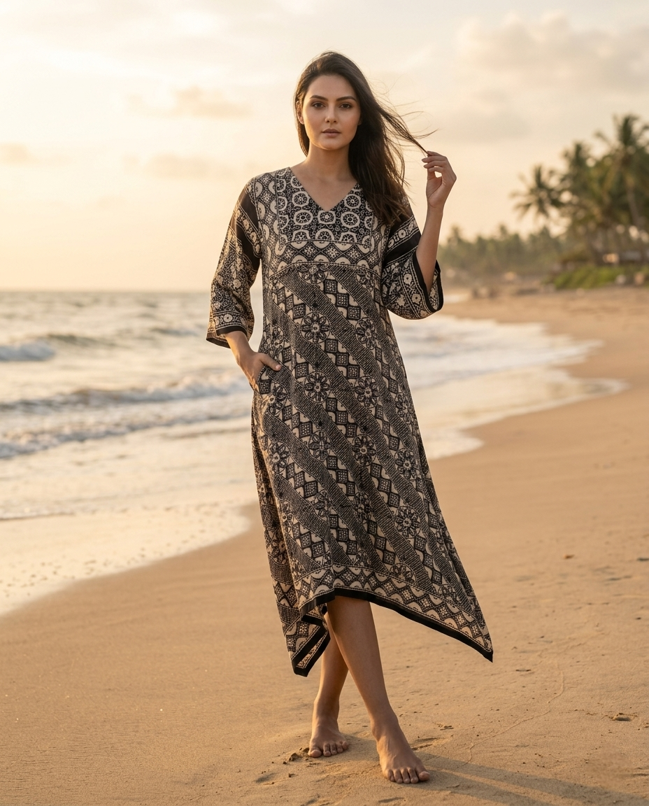 MOSAIC POINT MODAL SILK BLACK AJRAKH KURTA (HANDBLOCK)