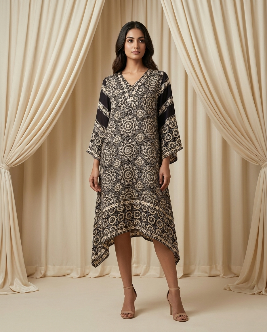 MOSAIC POINT MODAL SILK BLACK AJRAKH KURTA (HANDBLOCK)
