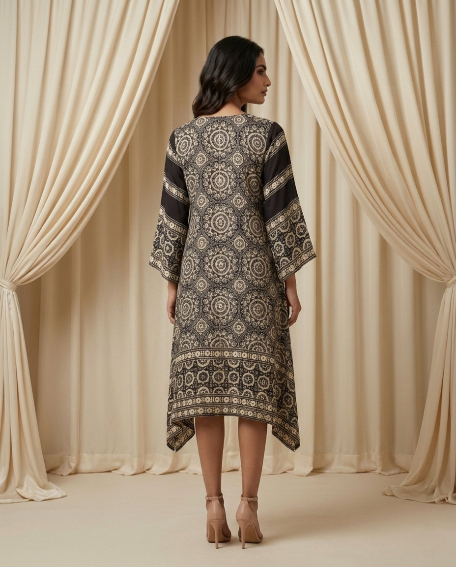 MOSAIC POINT MODAL SILK BLACK AJRAKH KURTA (HANDBLOCK)