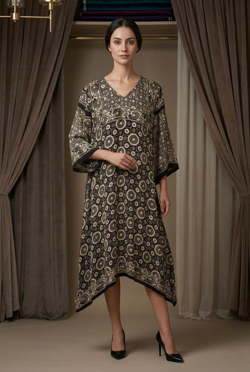 MOSAIC POINT MODAL SILK BLACK AJRAKH KURTA (HANDBLOCK)