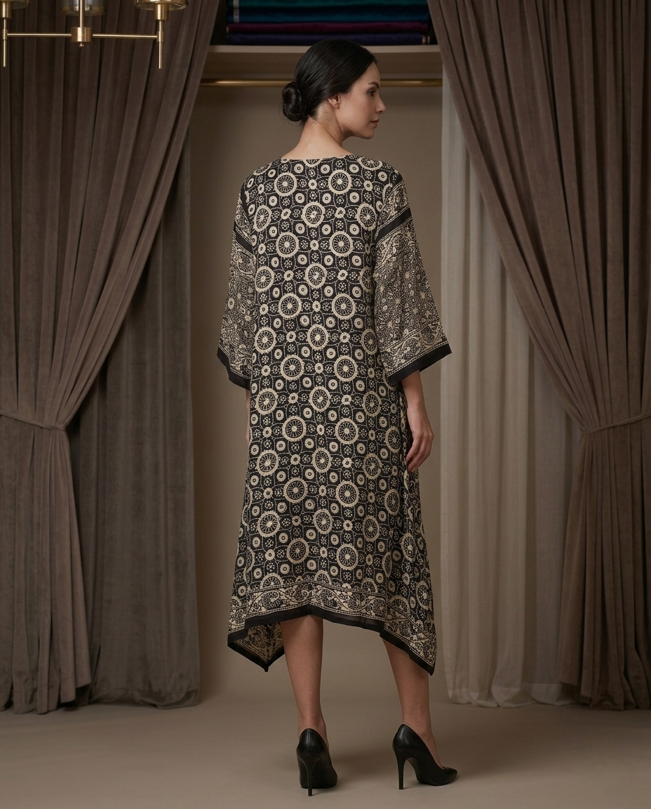 MOSAIC POINT MODAL SILK BLACK AJRAKH KURTA (HANDBLOCK)