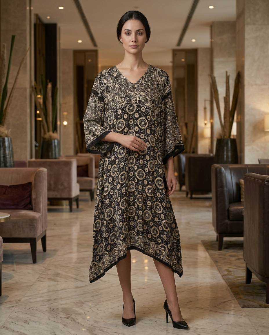 MOSAIC POINT MODAL SILK BLACK AJRAKH KURTA (HANDBLOCK)