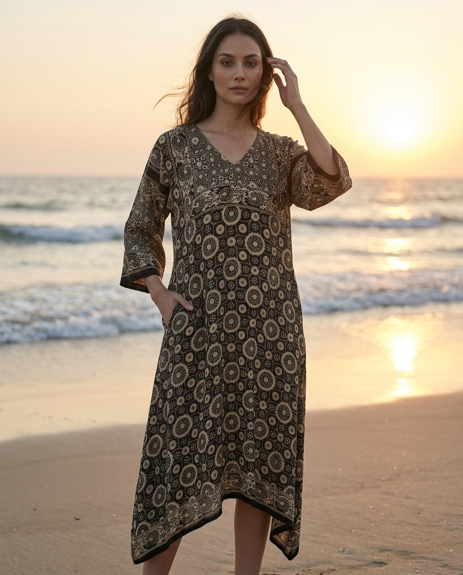 MOSAIC POINT MODAL SILK BLACK AJRAKH KURTA (HANDBLOCK)