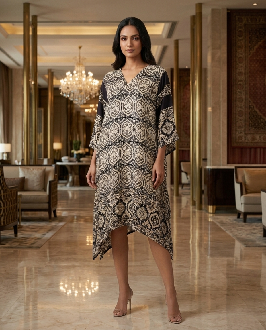 MOSAIC POINT MODAL SILK BLACK AJRAKH KURTA (HANDBLOCK)