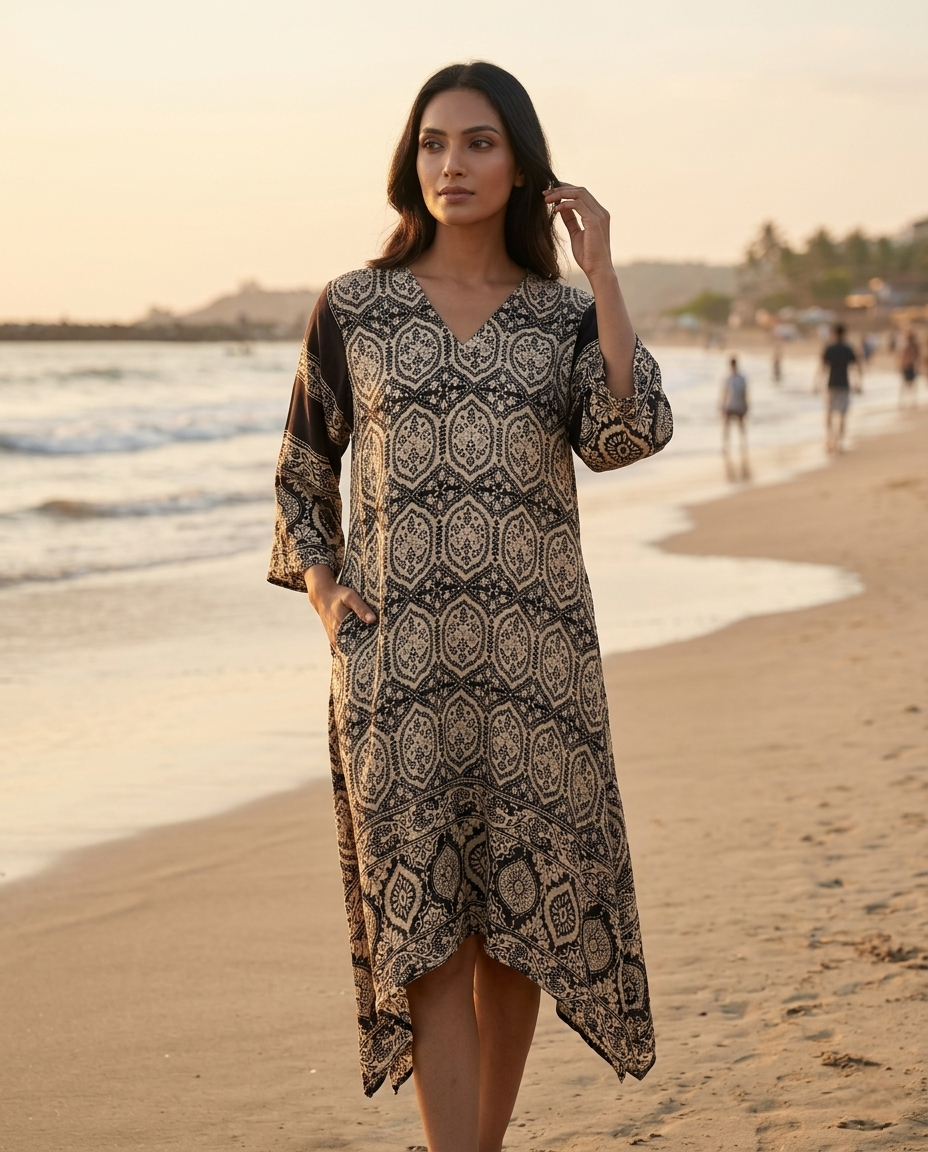MOSAIC POINT MODAL SILK BLACK AJRAKH KURTA (HANDBLOCK)