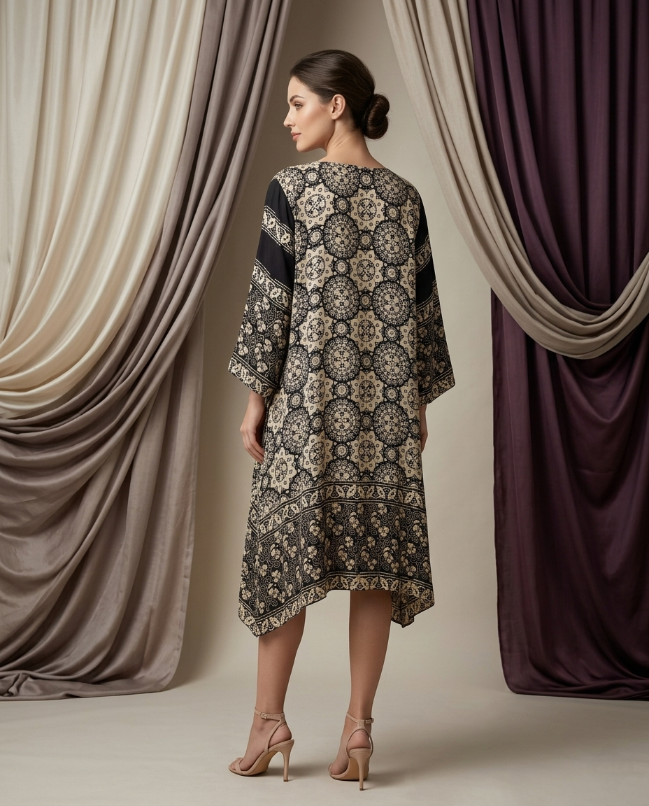 MOSAIC POINT MODAL SILK BLACK AJRAKH KURTA (HANDBLOCK)