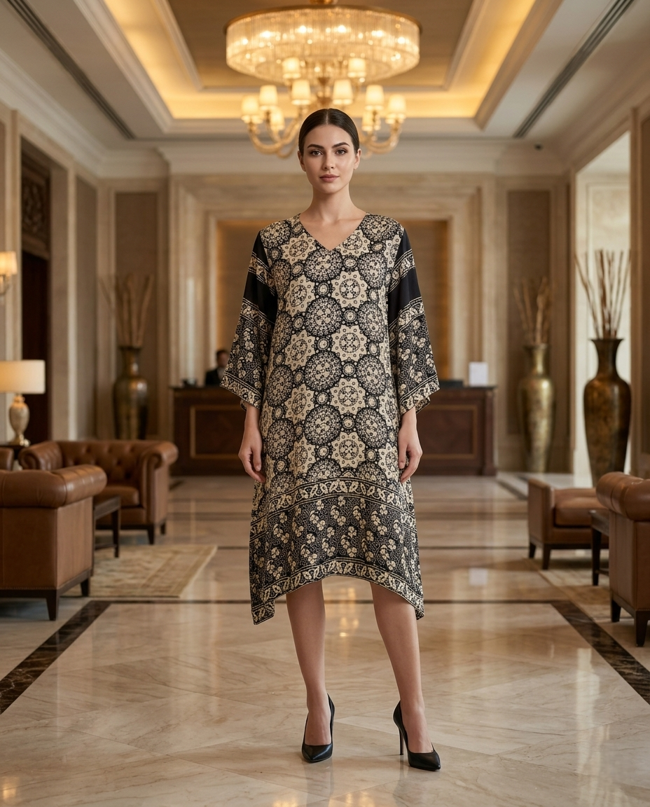 MOSAIC POINT MODAL SILK BLACK AJRAKH KURTA (HANDBLOCK)