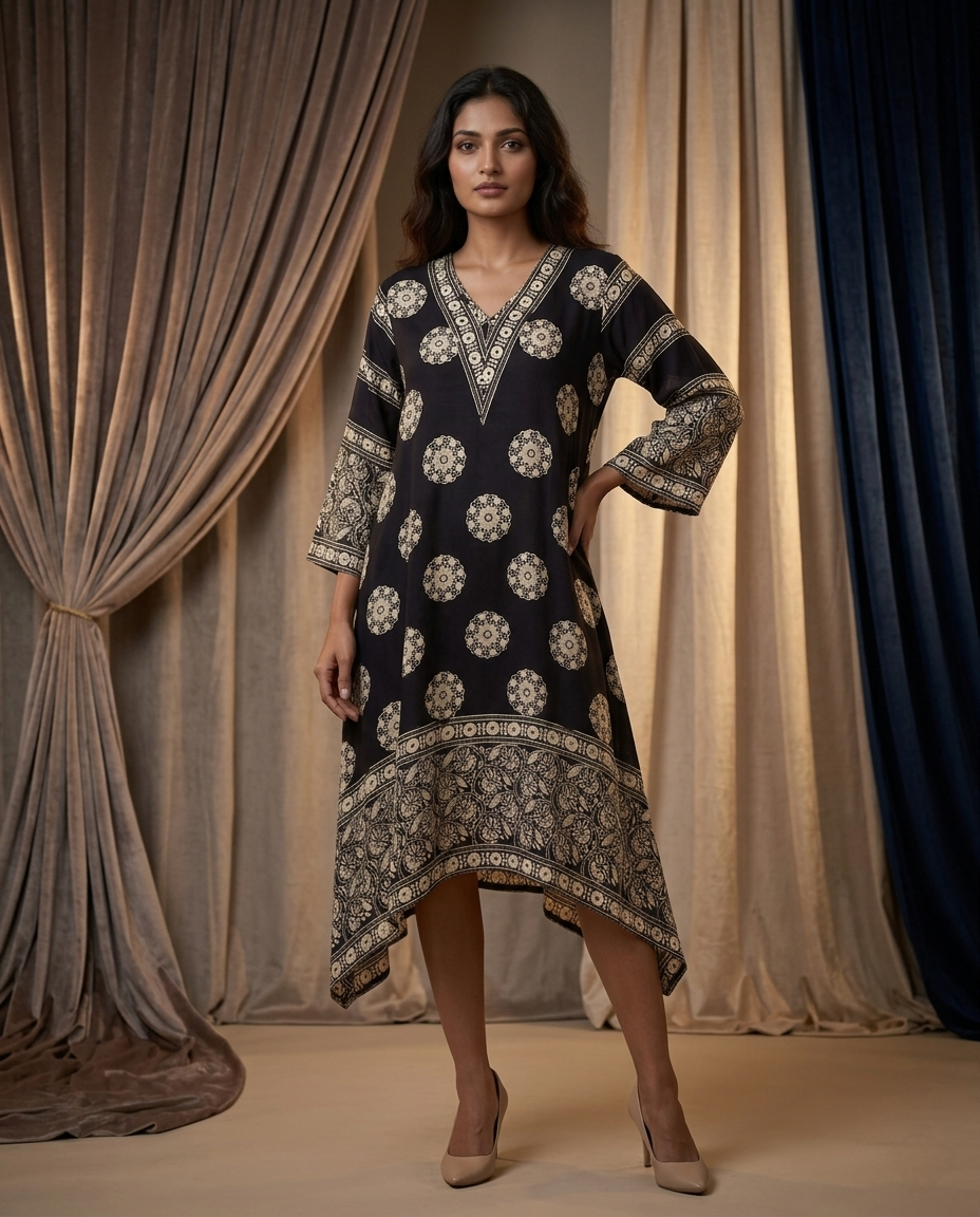 MOSAIC POINT MODAL SILK BLACK AJRAKH KURTA (HANDBLOCK)