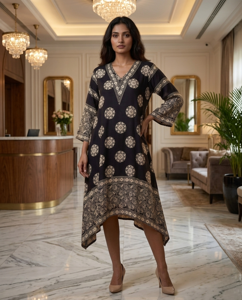 MOSAIC POINT MODAL SILK BLACK AJRAKH KURTA (HANDBLOCK)