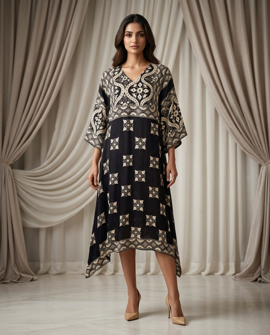 MOSAIC POINT MODAL SILK BLACK AJRAKH KURTA (HANDBLOCK)