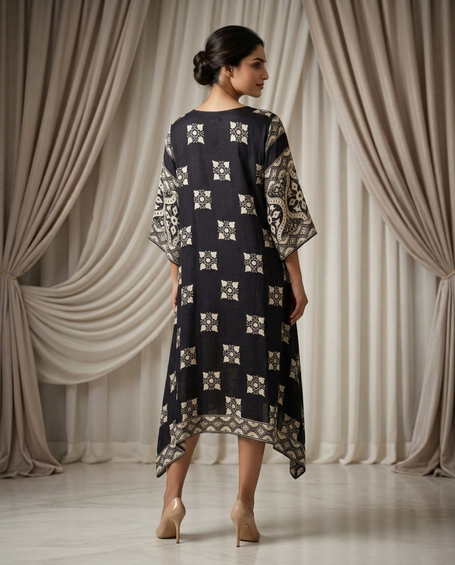 MOSAIC POINT MODAL SILK BLACK AJRAKH KURTA (HANDBLOCK)