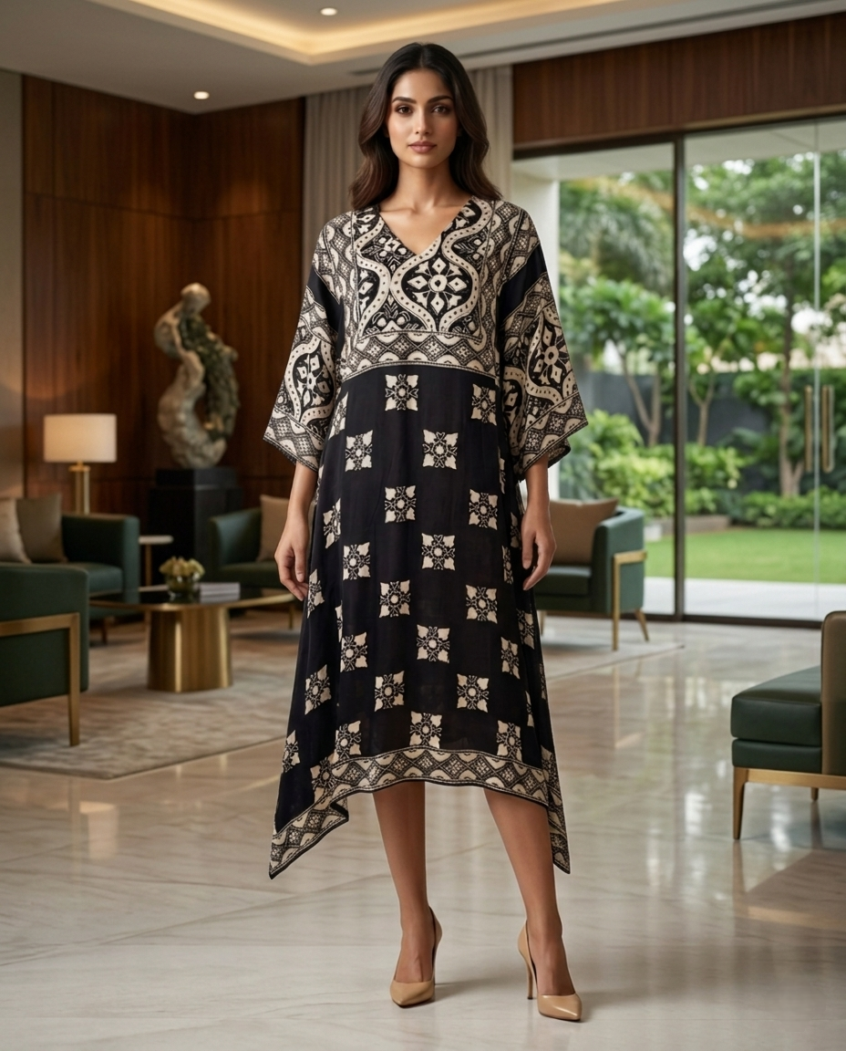 MOSAIC POINT MODAL SILK BLACK AJRAKH KURTA (HANDBLOCK)