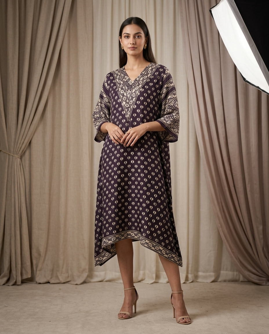 MOSAIC POINT MODAL SILK BLACK AJRAKH KURTA (HANDBLOCK)