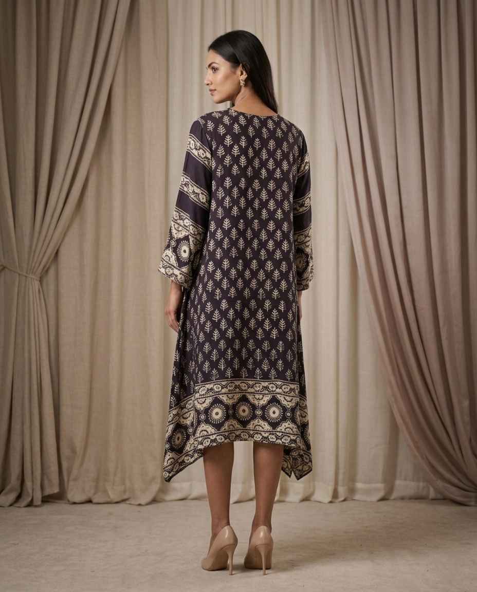 MOSAIC POINT MODAL SILK BLACK AJRAKH KURTA (HANDBLOCK)