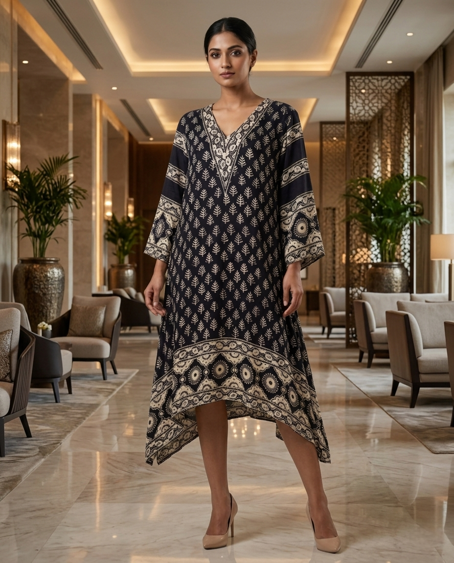MOSAIC POINT MODAL SILK BLACK AJRAKH KURTA (HANDBLOCK)