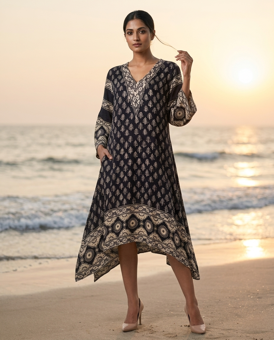 MOSAIC POINT MODAL SILK BLACK AJRAKH KURTA (HANDBLOCK)