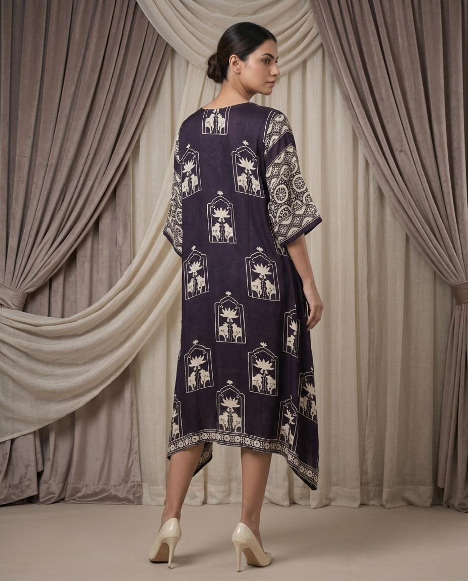 MOSAIC POINT MODAL SILK BLACK AJRAKH KURTA (HANDBLOCK)