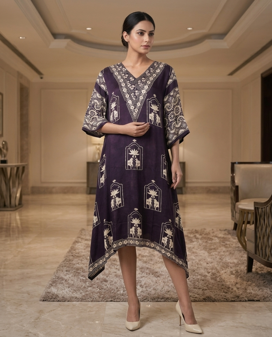 MOSAIC POINT MODAL SILK BLACK AJRAKH KURTA (HANDBLOCK)