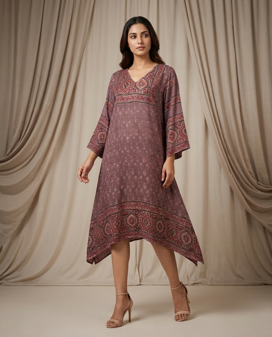 MOSAIC POINT MODAL SILK BROWN AJRAKH KURTA (HANDBLOCK)