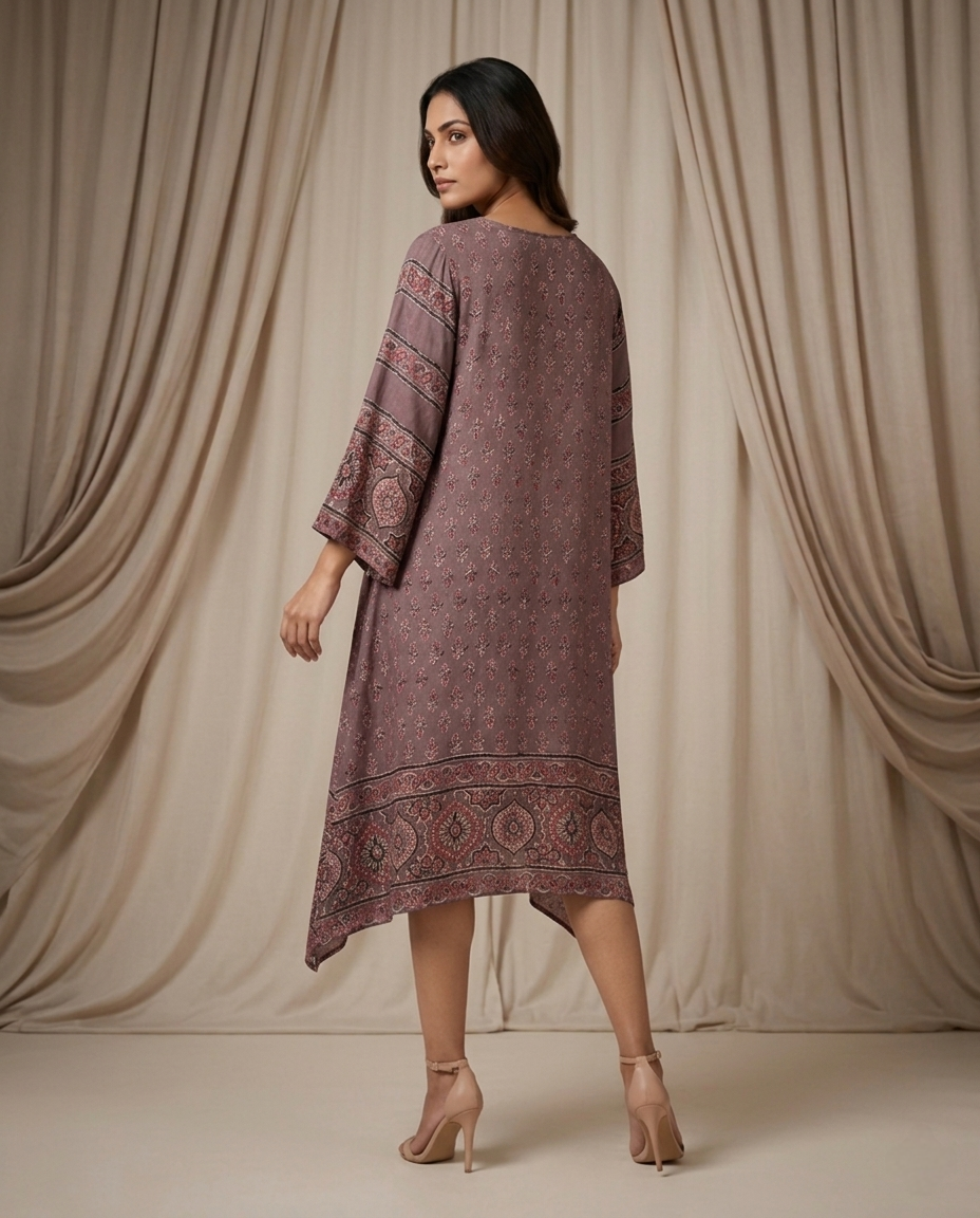 MOSAIC POINT MODAL SILK BROWN AJRAKH KURTA (HANDBLOCK)