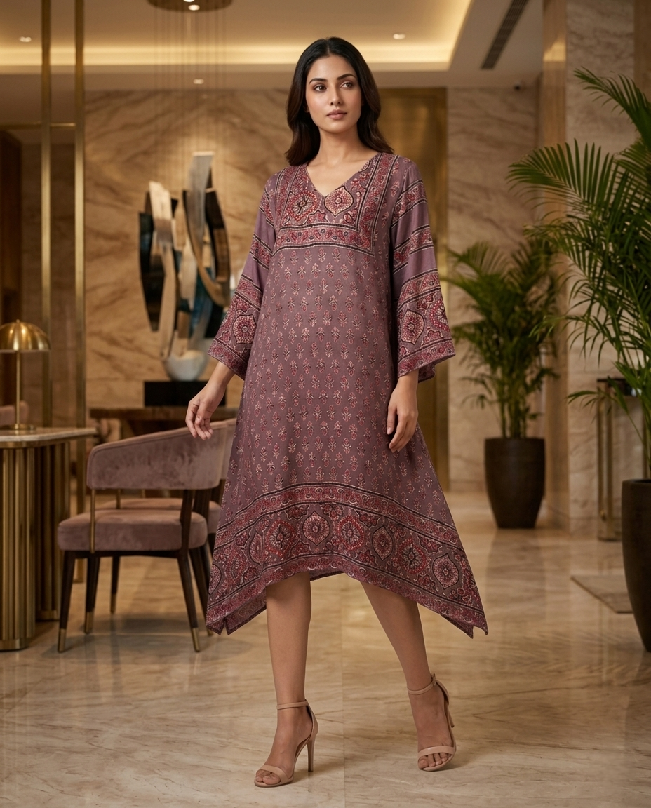 MOSAIC POINT MODAL SILK BROWN AJRAKH KURTA (HANDBLOCK)